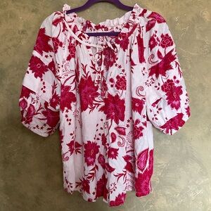 4our Dreamers | Floral Linen Blend Pintuck Peasant Top | Large | Coastal